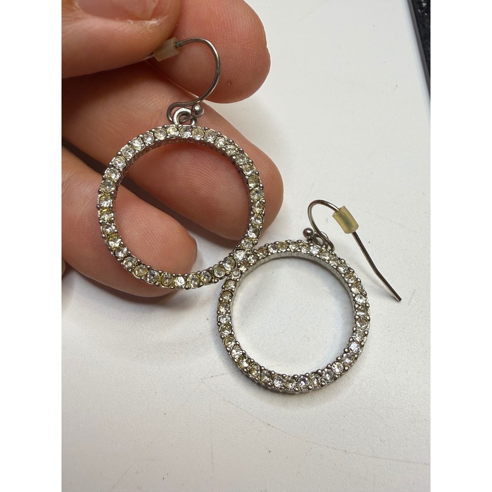 Silver Tone Rhinestone Circle Hoop Drop Earrings French Hook Clear Crystal Pave